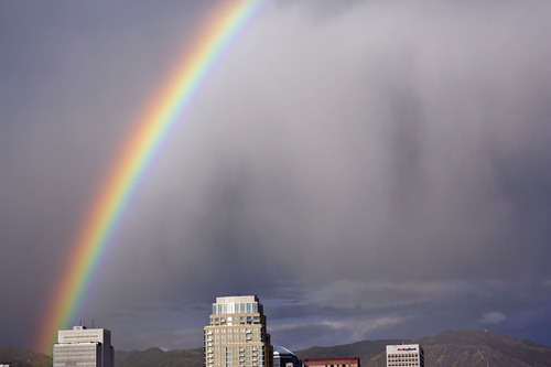 Lennie Mahler  |  The Salt Lake Tribune
A rainbow touches down over the Salt Lake City skyline Wednesday, May 15, 2013.