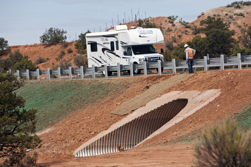 Chris Detrick  |  The Salt Lake Tribune
A motorhome drives by the site of a wildlife tunnel under Highway 89 near Kanab Thursday May 9, 2013. Crews for UDOT are building fences 8 feet tall on a 12-mile stretch to help prevent wrecks involving cars and mule deer and other wildlife. "We estimate that approximately 100 to 105 deer a year are hit by cars," said Monte Aldridge with UDOT.
