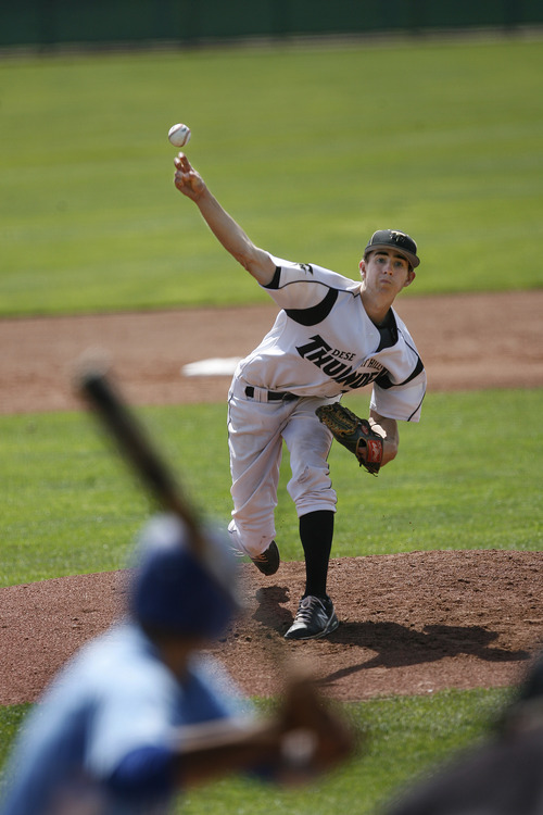 Scott Sommerdorf   |  The Salt Lake Tribune
Desert Hills' Baden Powell throws during second inning of his three-hit win over Carbon as they won 2-0 to advance in the 3A playoffs, Thursday, May 16, 2013.