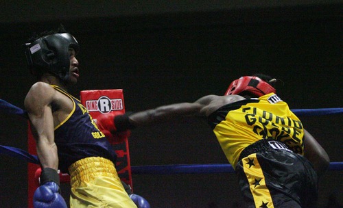 Kim Raff  |  The Salt Lake Tribune
(left) Ardreal Holmes Jr., of Michigan, is punched in the stomach by (right) Erickson Lubin, of Florida, during the championship 152 lb. weight class match at Golden Gloves National Championship at the Salt Palace Convention Center in Salt Lake City on May 18, 2013. Lubin went on to win the championship.