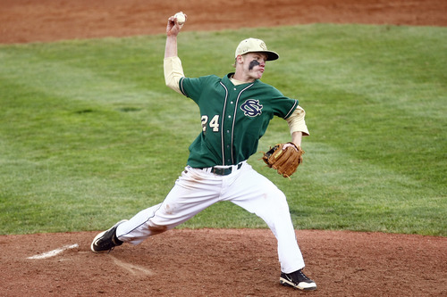 Chris Detrick  |  The Salt Lake Tribune
Snow Canyon's Brogan Secrist (24) pitches during the game at Brent Brown Ballpark at Utah Valley University Friday May 17, 2013. Desert Hills defeated Snow Canyon 5-4.