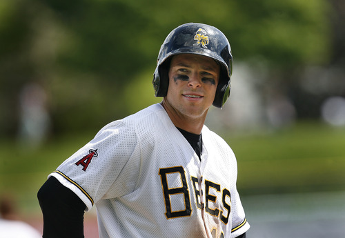 Scott Sommerdorf   |  The Salt Lake Tribune
Bees DH Trent Oeltjen looks into the crowd after stealing third base aginst the Nashville Sound, Sunday, May 19, 2013. Oeltjen is the latest in a growing line of minor and major leaguers to hail from Australia.