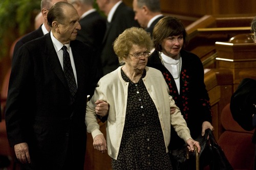 President Thomas S. Monson and his wife, Frances, walk out after the funeral services for LDS President Gordon B. Hinckley at the Salt Lake City LDS Conference Center. Chris Detrick/The Salt Lake Tribune