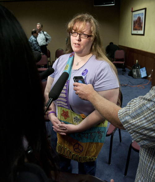 Steve Griffin | The Salt Lake Tribune

Susan Powell's longtime friend, Kiirsi Hellewell, talks to the media after a press conference where West Valley CIty announced the release of documents of the Susan Powell case from West Valley City Hall Monday May 20, 2013.