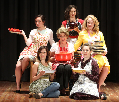 Rick Egan  |  The Salt Lake Tribune 
Back row: Anne Louise Brings (Lupita), Haley McCormick (Wendy), April Fossen (Joy),  Anne Cullimore Decker (Emma), center; front row: Nicki Nixon (Jena) and Holly Fowers (Ramona) in "The Righteous and Very Real Housewives of Utah County," at the Post Theater at Fort Douglas.