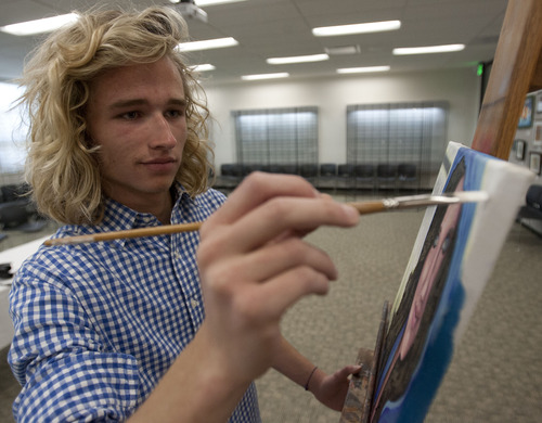 Steve Griffin  |  The Salt Lake Tribune
Zachary Williams, 18, of Sandy, works on a new piece during class at Olympus High School in Salt Lake City. Williams beat out 311 entrants to win the 2013 Utah Junior Duck Stamp Contest earlier this month with his oil painting of a King Eider. He has only been painting since September, when he began taking an AP art class, at Olympus High School, at the request of his Drawing I teacher, Jeremy Petersen.