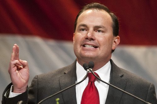 Chris Detrick  |  Tribune file photo
Sen. Mike Lee speaks during the Utah Republican Party Organizing Convention at the South Towne Expo Saturday May 18, 2013.