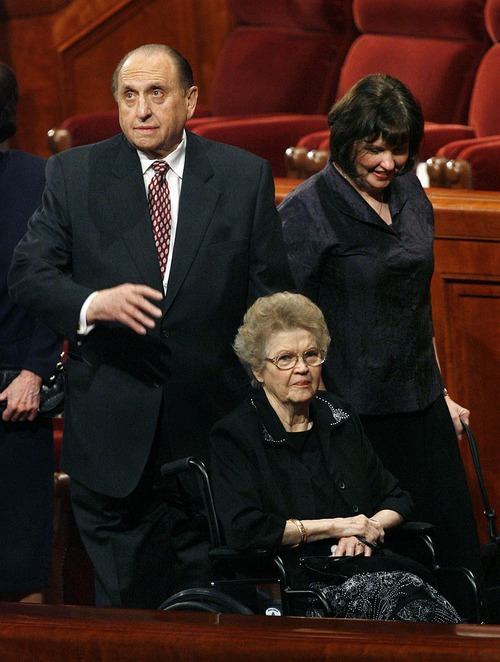 Scott Sommerdorf  |  The Salt Lake Tribune
President Thomas S. Monson leaves with his wife, Frances, in wheelchair, and their daughter Ann Dibb at the end of the morning session of the 180th annual LDS General Conference.