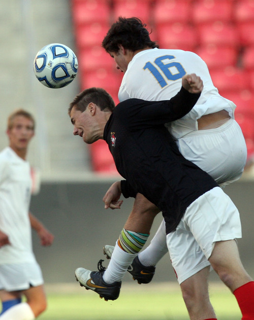Kim Raff  |  The Salt Lake Tribune
Orem player (right) Danny Balser and Bountiful player (left) Jake Haddock compete for a ball in the air during the 4A State Championship at Rio Tinto Stadium in Sandy on May 23, 2013. Bountiful went on to win the game 2-0.