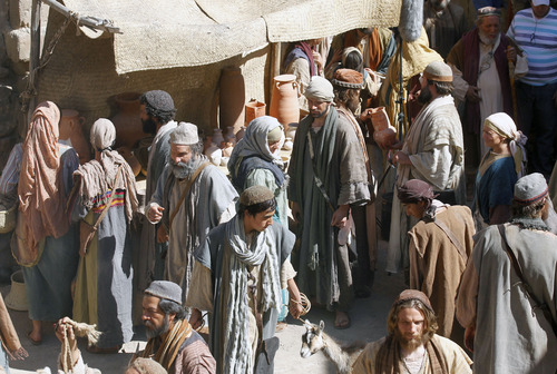 Al Hartmann  |  The Salt Lake Tribune
Market scene on the "Old Jerusalem" movie set near Elberta, Utah Wednesday May 22. The Church of Jesus Christ of Latter-day Saints is in the last few days of filming for the New Testament video library project (Bible Videos).
