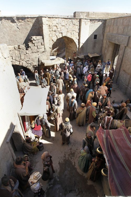 Al Hartmann  |  The Salt Lake Tribune
A market scene is filmed on the "Old Jerusalem" movie set near Elberta, Utah Wednesday May 22. The Church of Jesus Christ of Latter-day Saints is in the last few days of filming for the New Testament video library project (Bible Videos).