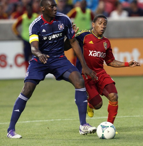 Kim Raff  |  The Salt Lake Tribune
(right) Real Salt Lake forward Joao Plata (8) competes with (left) Chicago Fire defender Bakary Soumare (4) for the ball during the second half of the match at Rio Tinto Stadium in Sandy on May 25, 2013. The match ended in a 1-1 tie.
