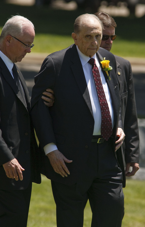 Leah Hogsten  |  The Salt Lake Tribune
LDS Church President Thomas S. Monson is assisted to the gravesite of his wife, Frances J. Monson, who was laid to rest in the Salt Lake City Cemetery, Thursday, May 23, 2013. Frances Monson died Friday at age 85 after having been hospitalized for several weeks. The Utah-based Church of Jesus Christ of Latter-day Saints said she died of causes incident to age.