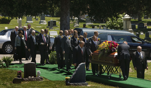 Leah Hogsten  |  The Salt Lake Tribune
LDS Church President Thomas S. Monson, family and friends are assisted to the gravesite of his wife, Frances J. Monson, who was laid to rest in the Salt Lake City Cemetery, Thursday, May 23, 2013. Frances Monson died Friday at age 85 after having been hospitalized for several weeks. The Utah-based Church of Jesus Christ of Latter-day Saints said she died of causes incident to age.