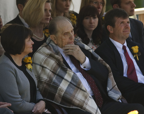 Leah Hogsten  |  The Salt Lake Tribune
LDS Church President Thomas S. Monson, flanked by his daughter, Ann Dibb, and son Clark S. Monson at the gravesite of his wife, Frances J. Monson, who was laid to rest in the Salt Lake City Cemetery, Thursday, May 23, 2013. Frances Monson died Friday at age 85 after having been hospitalized for several weeks. The Utah-based Church of Jesus Christ of Latter-day Saints said she died of causes incident to age.