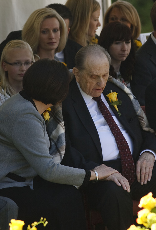 Leah Hogsten  |  The Salt Lake Tribune
LDS Church President Thomas S. Monson is comforted by his daughter, Ann Dibb, at the gravesite of his wife, Frances J. Monson, who was laid to rest in the Salt Lake City Cemetery, Thursday, May 23, 2013. Frances Monson died Friday at age 85 after having been hospitalized for several weeks. The Utah-based Church of Jesus Christ of Latter-day Saints said she died of causes incident to age.