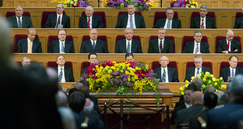 Steve Griffin | The Salt Lake Tribune

The casket of Frances J. Monson, wife of Thomas S. Monson, president of The Church of Jesus Christ of Latter-day Saints, sits in the Salt Lake Tabernacle during funeral services on Thursday May 23, 2013.