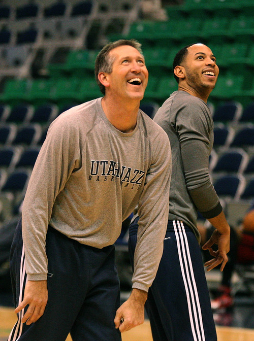 Paul Fraughton | The Salt Lake Tribune.
Jeff Hornacek keeps it light as he warms up Devin Harris before the game. The Utah Jazz played Portland at Energy Solutions Arena.
 Monday, January 30, 2012