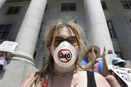 Scott Sommerdorf   |  The Salt Lake Tribune
Brooke Cross was one of hundreds of demonstrators in the March Against Mansanto at the Utah State Capitol on Saturday. The demonstrators say they wanted to call attention to the dangers of genetically modified organisms.
