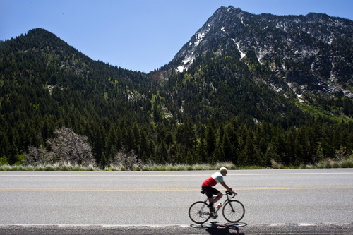 Chris Detrick  |  The Salt Lake Tribune
A cyclist bikes in Little Cottonwood Canyon Saturday May 25, 2013.