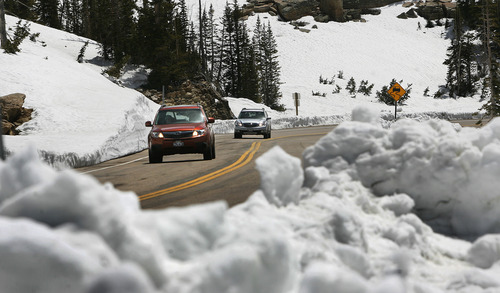 Scott Sommerdorf  |  The Salt Lake Tribune
Though snow is still thick on either side at the higher elevations near Bald Mountain, the Mirror Lake Highway is now open just in time for the Memorial Day weekend, Sunday, May 26, 2013.
