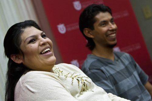 Chris Detrick  |  The Salt Lake Tribune
Guillermina and Fernando Garcia laugh during a press conference at the University of Utah Hospital Tuesday May 28, 2013. The couple welcomed quintuplets to the world on Sunday. Their names, in the order of their birth, are: Esmeralda, Fatima, Fernando, Marissa, Jordan.