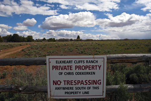 Chris Detrick  |  The Salt Lake Tribune
A sign at the entrance of Chris Odekerken's Elkheart Cliffs Ranch on his property on Glendale Bench Wednesday May 8, 2013.