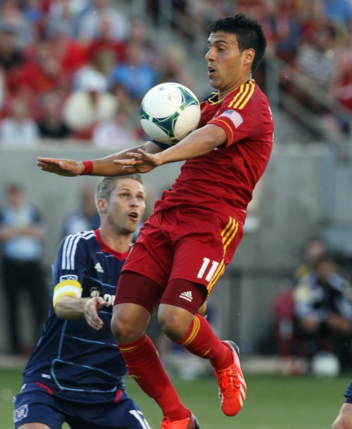 Kim Raff  |  The Salt Lake Tribune
(front) Real Salt Lake midfielder Javier Morales (11) settles the ball during the first half of the match against the Chicago Fire at Rio Tinto Stadium in Sandy on May 25, 2013.