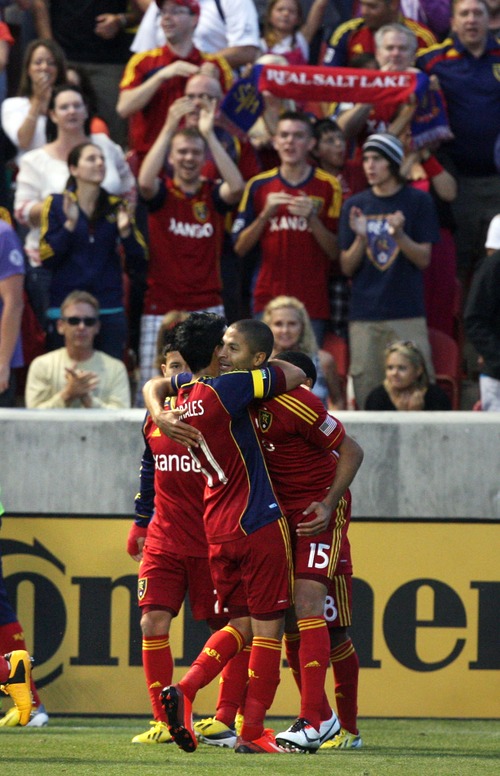 Kim Raff  |  The Salt Lake Tribune
(right) Real Salt Lake forward Alvaro Saborio (15) hugs (left) Real Salt Lake midfielder Javier Morales (11) to celebrate Saborio's goal during the second half of the match at Rio Tinto Stadium in Sandy on May 25, 2013. The goal was the first goal Saborio scored after missing games due to an injury. The match ended in a 1-1 tie.