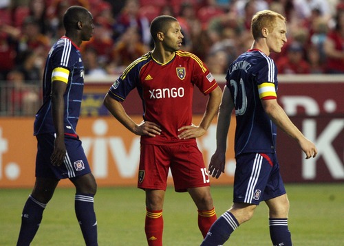 Kim Raff  |  The Salt Lake Tribune
(middle) Real Salt Lake forward Alvaro Saborio (15) reacts a referee's call during the second half of the match against the Chicago Fire at Rio Tinto Stadium in Sandy on May 25, 2013. The match ended in a 1-1 tie.
