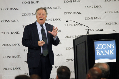 Al Hartmann  |  The Salt Lake Tribune
Joel Kotkin,  demographer and author of the book, "The Next Hundred Million: America in 2050"  speaks to group at Zions Bank annual global trade conference in Salt Lake City Wednesday May 29.