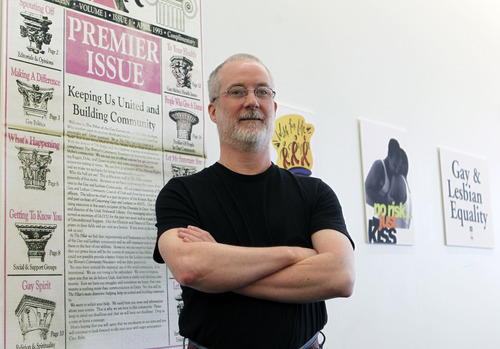 Al Hartmann  |  The Salt Lake Tribune
David Nelson stands next to LGBT posters he donated to the political archives at the University of Utah's Marriott Library.