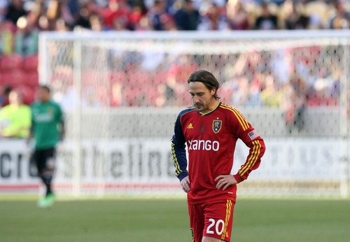 Kim Raff  |  The Salt Lake Tribune
Real Salt Lake midfielder Ned Grabavoy (20) shows dejection after the Los Angeles Galaxy forward Mike Magee (18) scores the first goal of the half at Rio Tinto in Sandy on April 27, 2013.