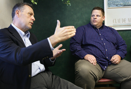 Scott Sommerdorf  |  The Salt Lake Tribune             
Jeff Haaga, left, chats with Darren King at St. Mark's Hospital prior to King's weight-loss surgery in April 2012. Haaga was formerly on the board of the Weight Loss Surgery Foundation of America, which paid for a portion of King's surgery.