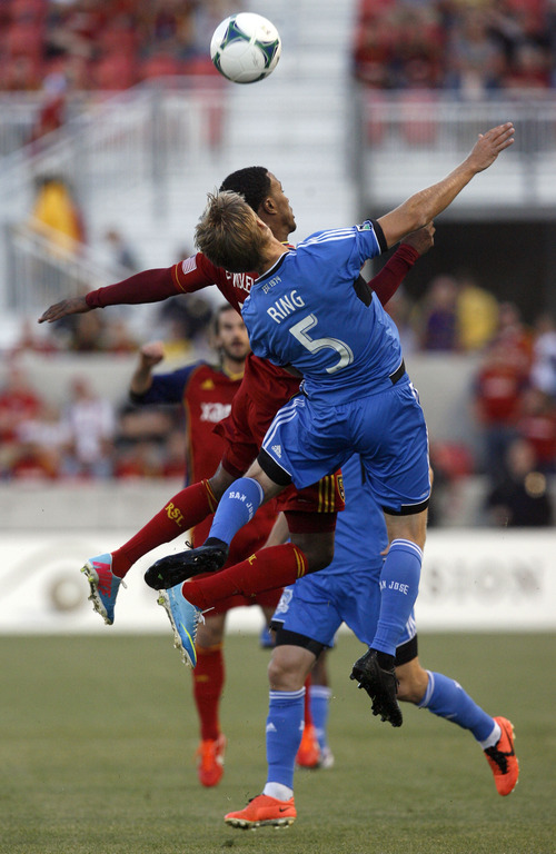 Francisco Kjolseth  |  The Salt Lake Tribune
Real Salt Lake's Robbie Findley goes up for a header against Brad Ring of the San Jose Earthquakes on Saturday, June 1, 2013 at Rio Tinto Stadium in Sandy.