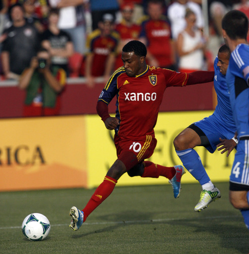 Francisco Kjolseth  |  The Salt Lake Tribune
Real Salt Lake's Robbie Findley makes a run at the goal against the San Jose Earthquakes on Saturday, June 1, 2013 at Rio Tinto Stadium in Sandy.