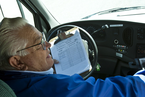 Chris Detrick  |  The Salt Lake Tribune
Volunteer Max Peterson drives the Richfield Senior Center bus Wednesday April 10, 2013. Peterson has been volunteering as a bus driver for the past 15 years.