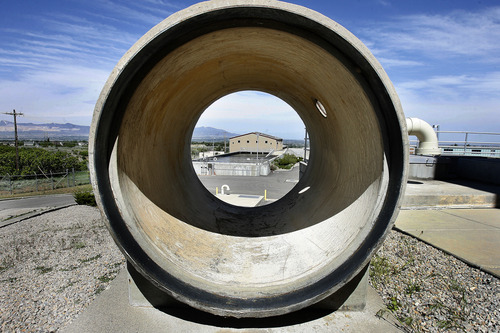 Scott Sommerdorf   |  The Salt Lake Tribune
A section of pipe, like the pipe used in the hydroelectric system for Murray city. This is on the campus of the city water treatment plant, just outside of the hydroelectric building. 
--
The 100th anniversary of Murray City Power, which is one of the oldest municipally owned utilities in the state and the only municipally owned utility in the Salt Lake Valley. When they were founded they built a small hydropower project near the mouth of Little Cottonwood Canyon., Wednesday, May 22, 2013.