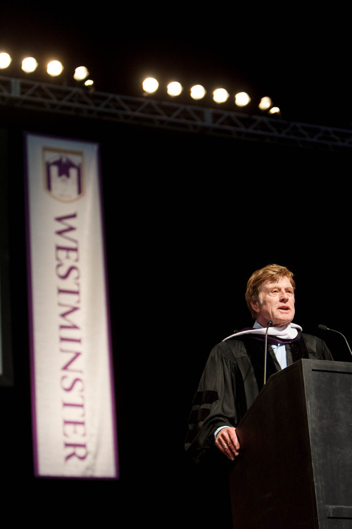 Trent Nelson  |  The Salt Lake Tribune
Actor and director Robert Redford speaks at commencement for Westminster College at the Maverik Center in West Valley City Saturday June 1, 2013. He received an honorary degree from the private liberal arts college.