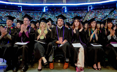Trent Nelson  |  The Salt Lake Tribune
Graduates applaud during commencement for Westminster College at the Maverik Center in West Valley City Saturday June 1, 2013.