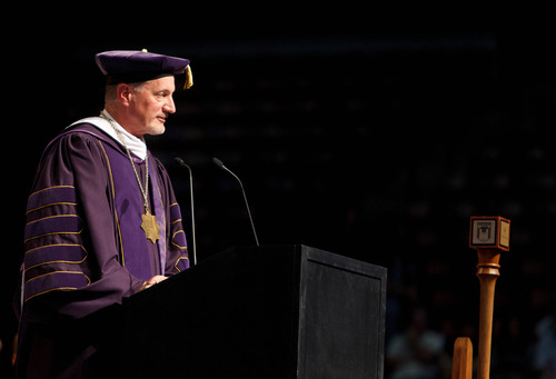 Trent Nelson  |  The Salt Lake Tribune
Westminster College President Brian Levin-Stankevich speaks at commencement at the Maverik Center in West Valley City Saturday June 1, 2013.