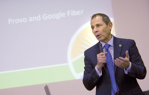 Paul Fraughton  |   Salt Lake Tribune
  Provo  Mayor, John Curtis discusses the Google Fiber network at a public question and answer meeting at Provo's Edgemont School                                                   
 Thursday, April 18, 2013