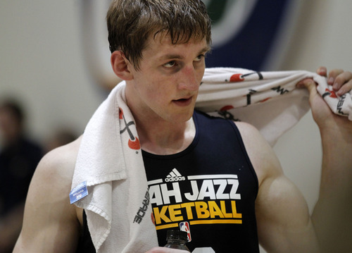 Al Hartmann  |  The Salt Lake Tribune
Cody Zeller from Indiana cools down after working out for the Jazz coaching staff Monday June 3.