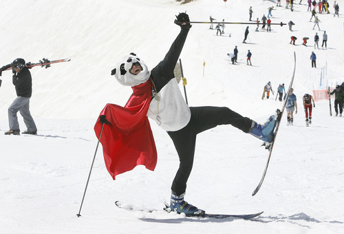 Scott Sommerdorf   |  The Salt Lake Tribune
Tommy Queen poses for a photo in a panda costume as he is about to head off to ski on the last day of skiing at Snowbird Resort, Monday May 27, 2013.