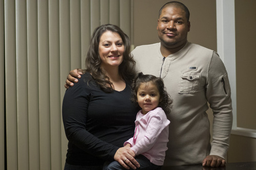 Chris Detrick  |  The Salt Lake Tribune
Jessica Szilagyi, Will Bolden and Jazella Bolden, 2, pose for a portrait at their home in South Ogden Tuesday February 5, 2013. William Bolden is challenging a provision in Utah's adoption law that requires unmarried fathers to file both a petition and an affidavit declaring paternity and pledging support for an unborn child and his or her mother. Because his first attorney failed to file the affidavit, a judge ruled he had no standing to object to his son's adoption. His new attorneys say that duplication serves no compelling state interest and thus is unconstitutional.