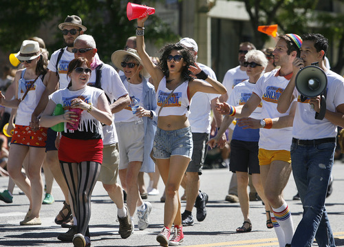 Scott Sommerdorf   |  The Salt Lake Tribune
The Saturday's Voyeur group paradaes in the Utah Pride Festival's Gay Pride Parade through the streets of downtown Salt Lake City, Sunday, June 2, 2013.