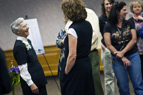 Chris Detrick  |  The Salt Lake Tribune
Sister Danile Knight talks with friends during an open house-farewell for the Sisters of St. Benedict at Ogden Regional Medical Center on Tuesday, June 4, 2013. The sisters are returning to St. Benedict's Monastery in St. Joseph, Minn., to continue with their lives of service. "We leave with no regrets," said Sister Stephanie Mongeon. "We leave our peace and gratitude with the people of this community." Sister Knight has been serving since 1964.
