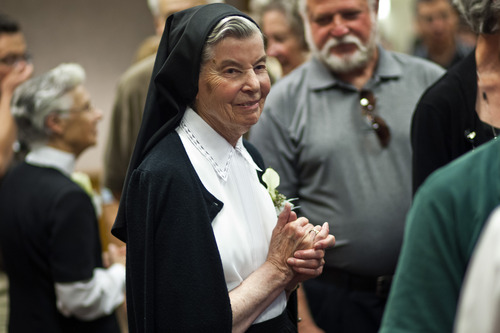 Chris Detrick  |  The Salt Lake Tribune
Sister Luke Hoschette talks with friends during an open house-farewell for the Sisters of St. Benedict at Ogden Regional Medical Center on Tuesday, June 4, 2013. The sisters are returning to St. Benedict's Monastery in St. Joseph, Minn., to continue with their lives of service. "We leave with no regrets," said Sister Stephanie Mongeon. "We leave our peace and gratitude with the people of this community."