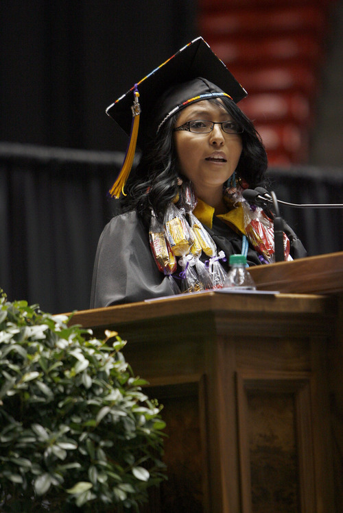 Francisco Kjolseth  |  The Salt Lake Tribune
Horizonte High student speaker Candelaria Angeles, 16, talks about her desire to continue her education in order to become a neonatal nurse to help other young mothers like herself during graduation ceremonies at the Huntsman Center on the University of Utah campus on Wednesday, June 5, 2013.