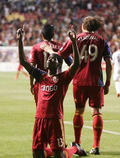 Kim Raff  |  The Salt Lake Tribune
(front) Real Salt Lake forward Olmes Garcia (13) celebrates scoring his second goal against the Los Angeles Galaxy during the second half at Rio Tinto Stadium in Salt Lake City on June 8, 2013.  Real went on to win the game 3-1.